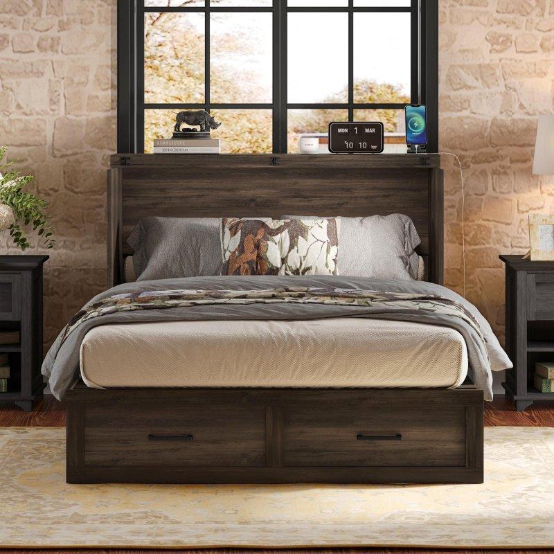 Gri MDF Dahili Şarj İstasyonlu ve Çekmeceli Katlanabilir Duvar Yatağı - 192x140 cm - 262549
