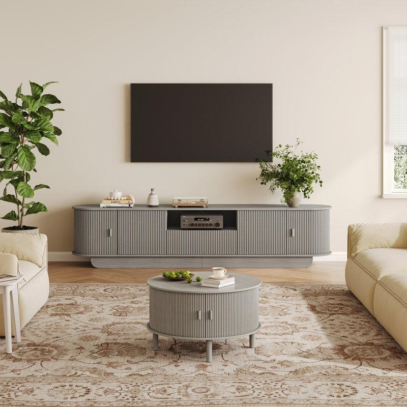 Gri MDF Depolamalı Yivli Döner Kapaklı Yuvarlak Orta Sehpa - 78x47 cm - 245491