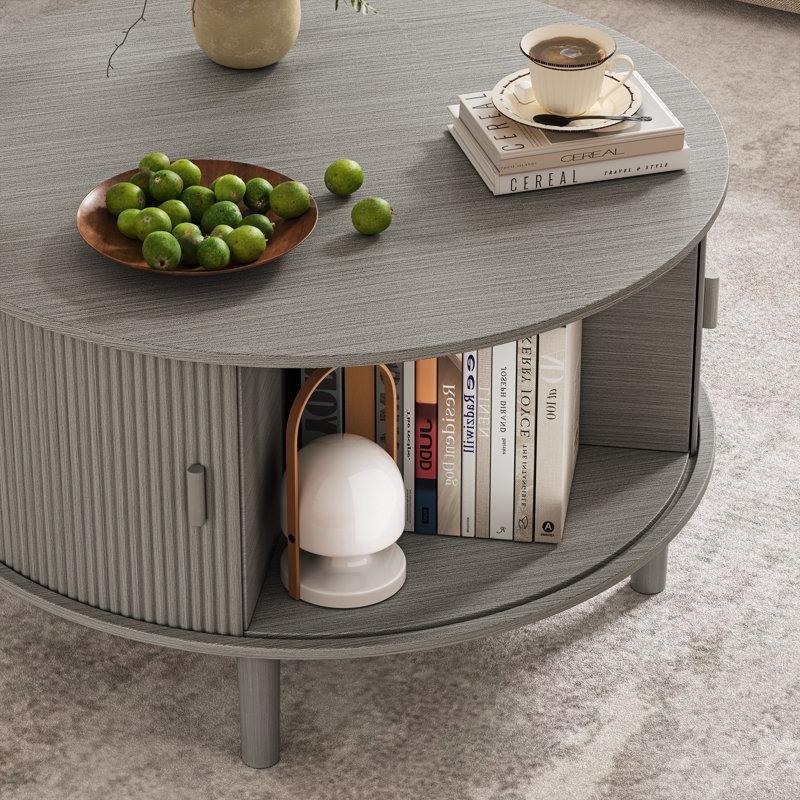 Gri MDF Depolamalı Yivli Döner Kapaklı Yuvarlak Orta Sehpa - 78x47 cm - 245491
