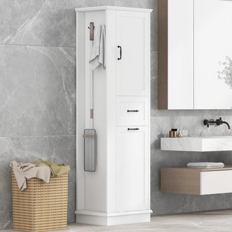 Gri MDF Devrilir Kapaklı ve Yan Kancalı Çok Amaçlı Banyo Dolabı - 173x52x36 cm - 333912