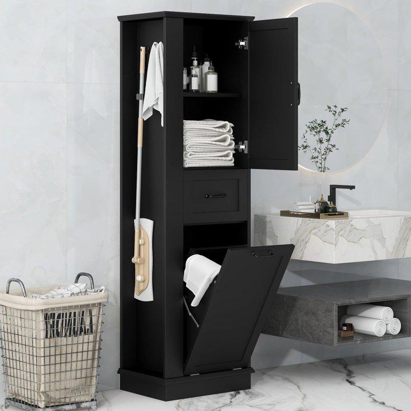 Gri MDF Devrilir Kapaklı ve Yan Kancalı Çok Amaçlı Banyo Dolabı - 173x52x36 cm - 333912