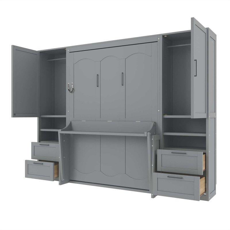 Gri MDF Dolaplı Çekmeceli Raflı Duvar Yatağı - 262141