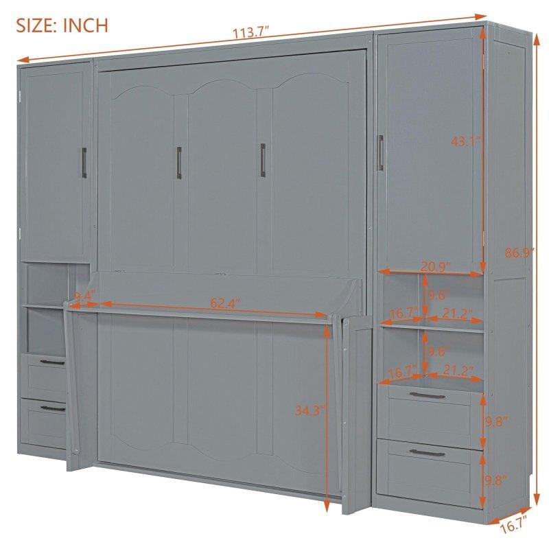 Gri MDF Dolaplı Çekmeceli Raflı Duvar Yatağı - 289 cm - 263561