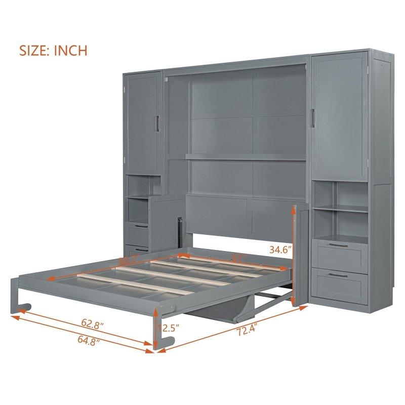 Gri MDF Dolaplı Çekmeceli ve Raflı Duvar Yatağı - 264103