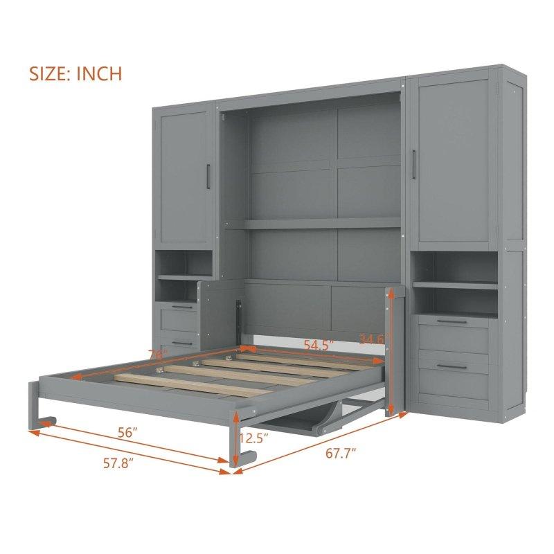 Gri MDF Dolaplı Çekmeceli ve Raflı Duvar Yatağı - 266854