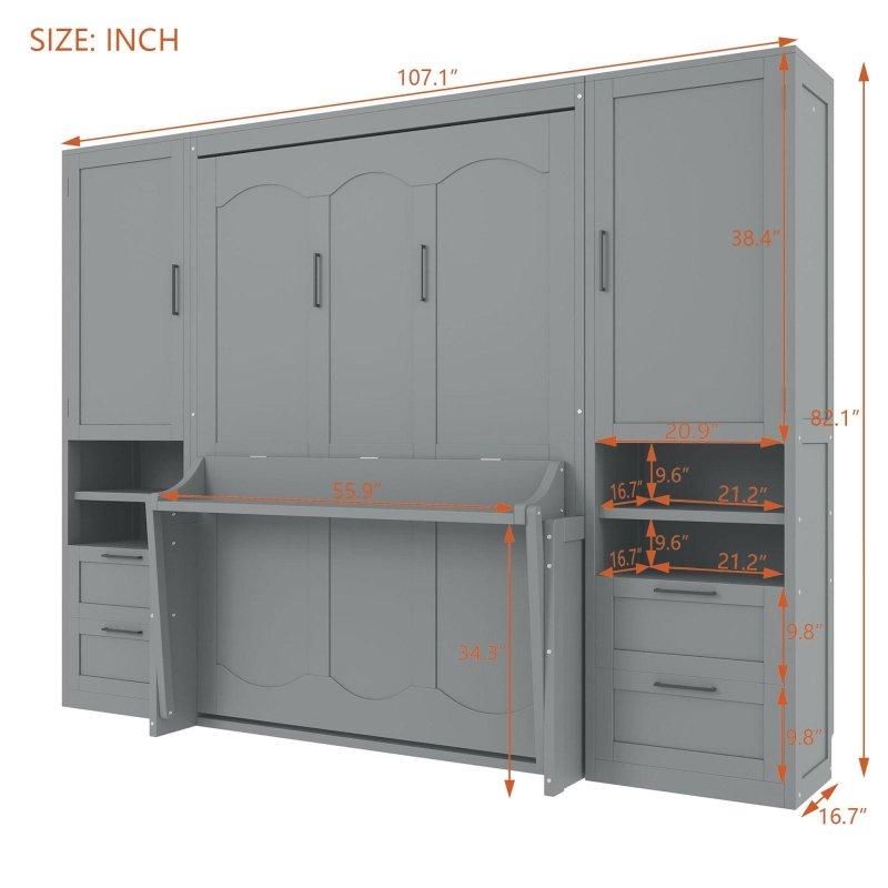 Gri MDF Dolaplı Çekmeceli ve Raflı Duvar Yatağı - 266854