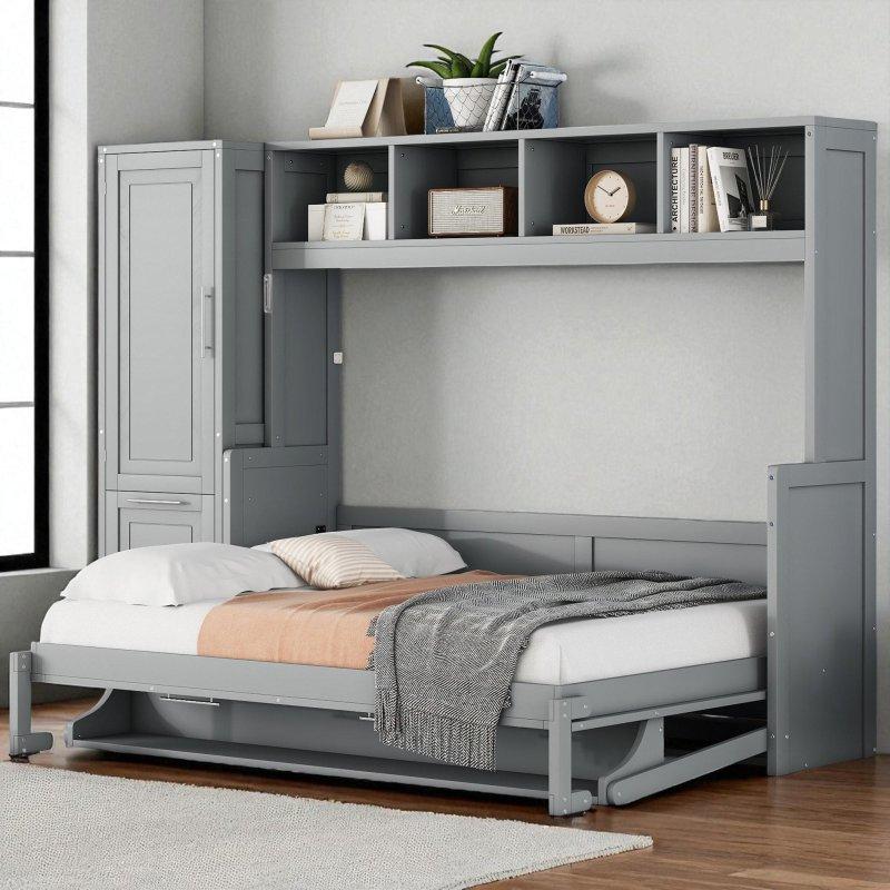 Gri MDF Dolaplı Çekmeceli ve Raflı Duvar Yatağı - 274 cm - 261403