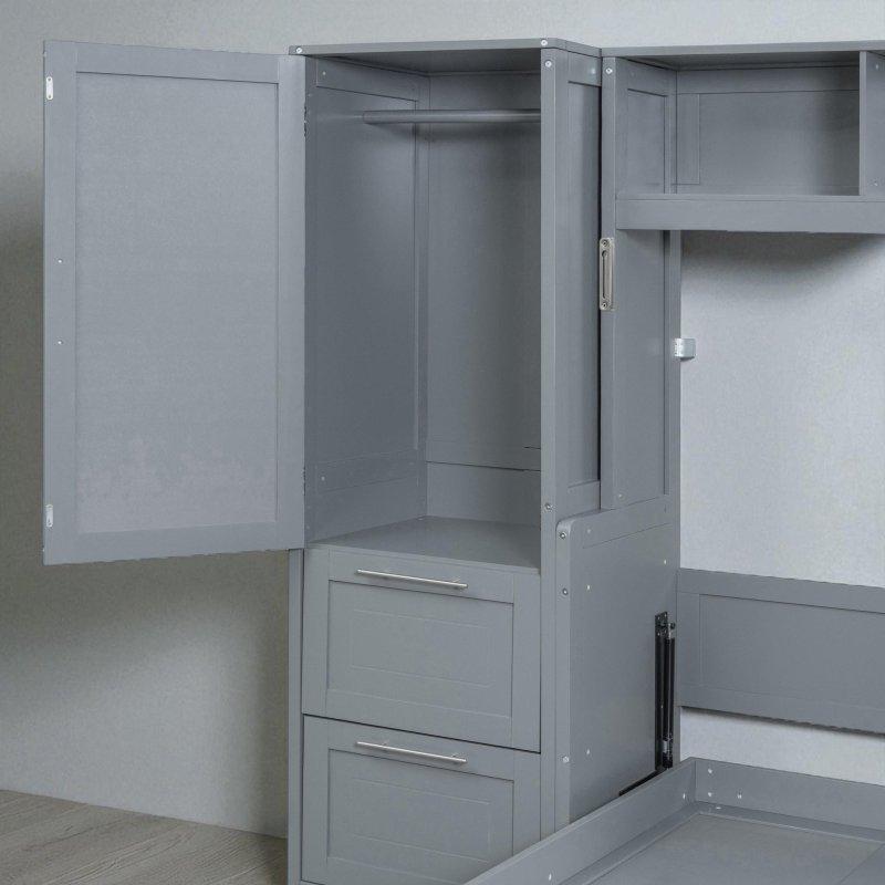 Gri MDF Dolaplı Çekmeceli ve Raflı Duvar Yatağı - 274 cm - 261403