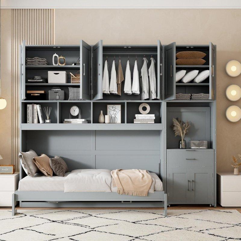 Gri MDF Dolaplı Çekmeceli Yan Açılır Tek Kişilik Duvar Yatağı - 282x230 cm - 264381