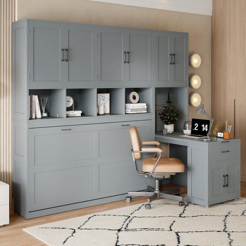 Gri MDF Dolaplı Çekmeceli Yan Açılır Tek Kişilik Duvar Yatağı - 282x230 cm - 264381