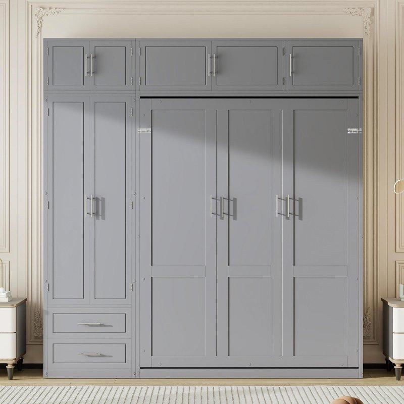 Gri MDF Dolaplı Raflı ve Çekmeceli Duvar Yatağı - 238x258 cm - 266681