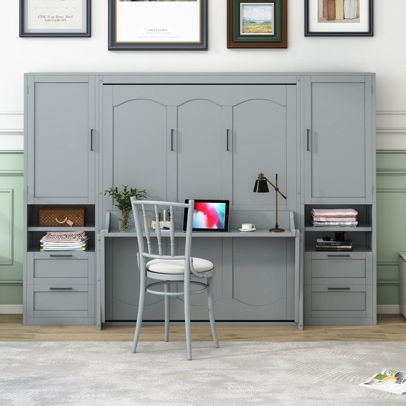 Gri MDF Dolaplı ve Çekmeceli Çift Kişilik Duvar Yatağı - 261601