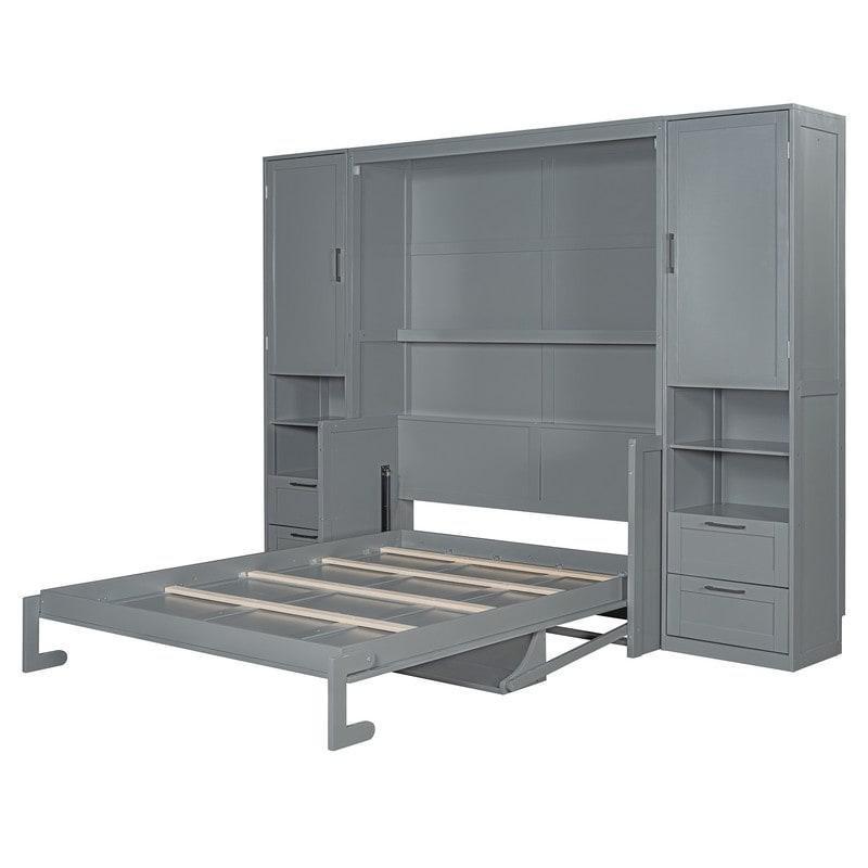 Gri MDF Dolaplı ve Çekmeceli Çift Kişilik Duvar Yatağı - 261601