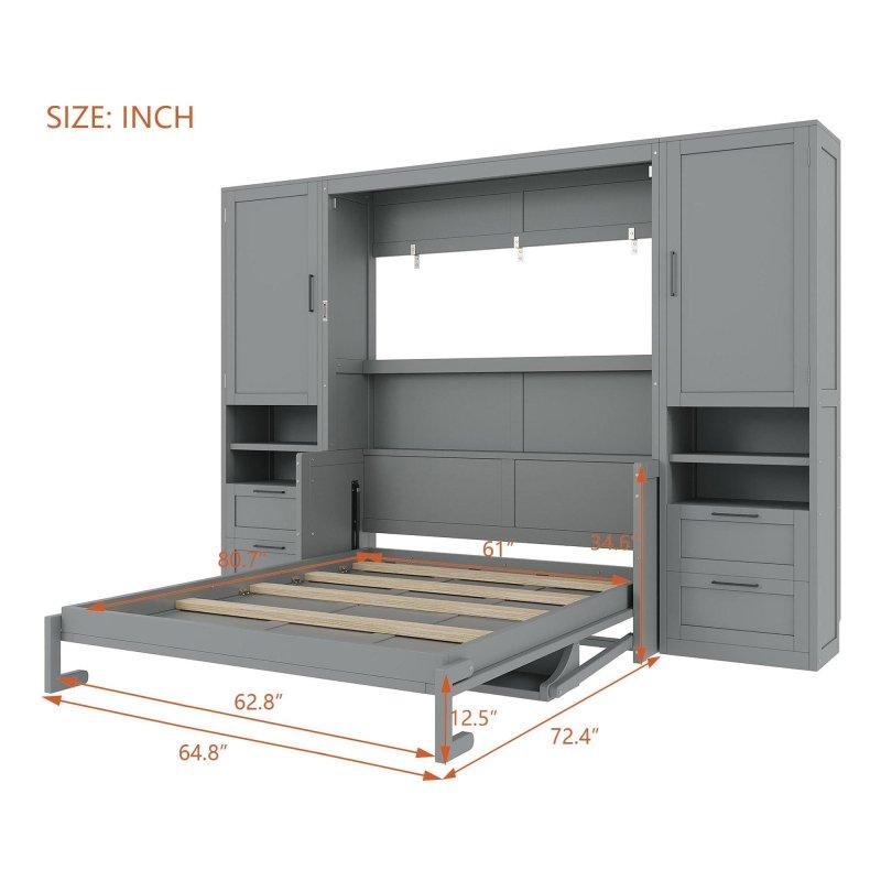 Gri MDF Dolaplı ve Çekmeceli Katlanabilir Duvar Yatağı - 289x221 cm - 262693