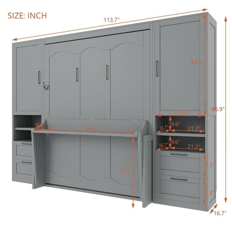 Gri MDF Dolaplı ve Çekmeceli Katlanabilir Duvar Yatağı - 289x221 cm - 262693