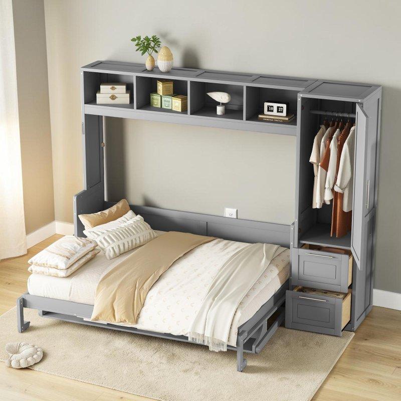 Gri MDF Dolaplı ve Çekmeceli Queen Boy Duvar Yatağı - 264476