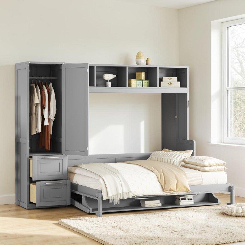 Gri MDF Dolaplı ve Çekmeceli Queen Boy Duvar Yatağı - 264476