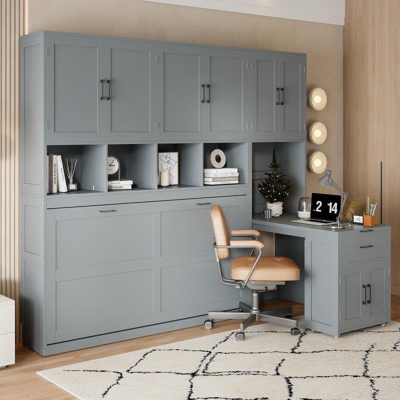 Gri MDF Dolaplı ve Çekmeceli Tek Kişilik Duvar Yatağı - 282x230 cm - 265066