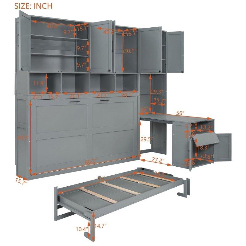 Gri MDF Dolaplı ve Çekmeceli Tek Kişilik Duvar Yatağı - 282x230 cm - 265066