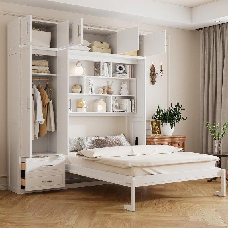 Gri MDF Dolaplı ve Raflı Çift Kişilik Duvar Yatağı - 238x226x258 cm - 262898