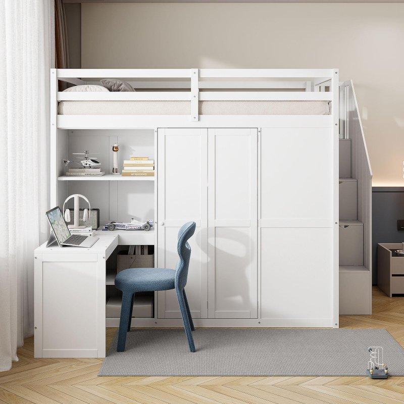 Gri MDF Gardıroplu Çalışma Masalı ve Raflı Geniş Ranza - 237x228x194 cm - 250776
