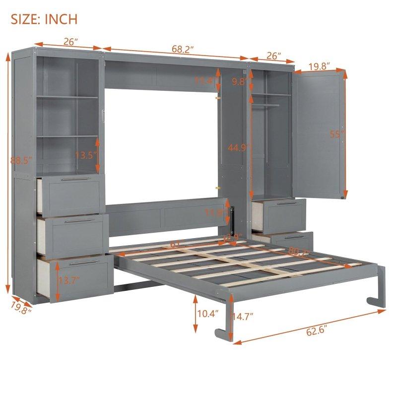 Gri MDF Gardıroplu Çekmeceli ve Raflı Çift Kişilik Duvar Yatağı - 263347
