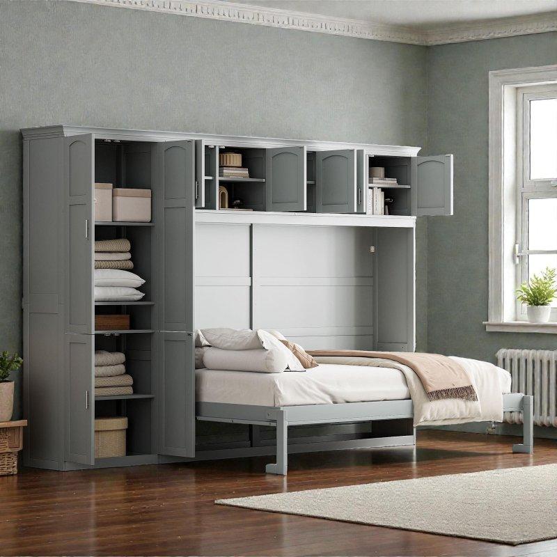Gri MDF Gardıroplu Çekmeceli ve Raflı Katlanır Duvar Yatağı - Queen Boy - 264956