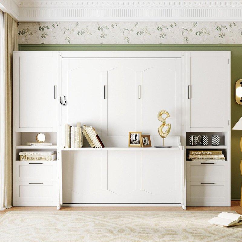 Gri MDF Gardıroplu Raflı ve Aydınlatmalı Duvar Yatağı - 289x43x221 cm - 261407