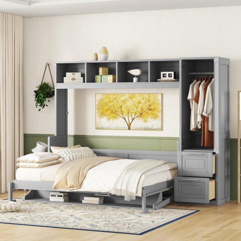Gri MDF Gardıroplu ve 2 Çekmeceli Çift Kişilik Duvar Yatağı - 262757