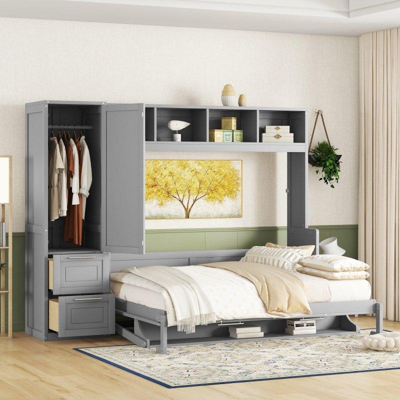 Gri MDF Gardıroplu ve 2 Çekmeceli Çift Kişilik Duvar Yatağı - 262757