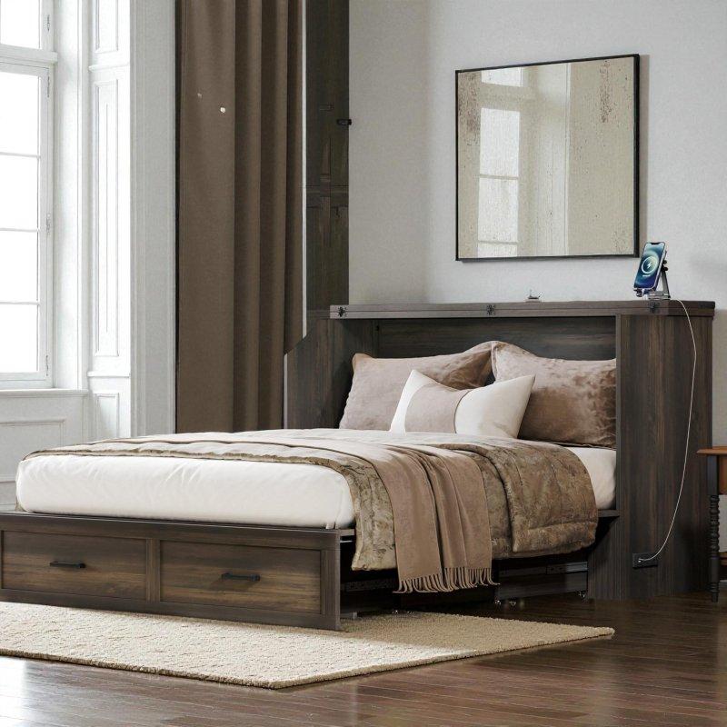Gri MDF Kır Evi Tasarım Şarj İstasyonlu Çekmeceli Duvar Yatağı - Queen Boy - 265692