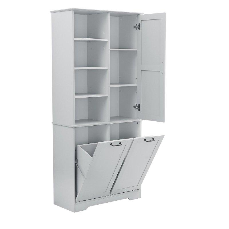 Gri MDF Kirli Sepetli Ayarlanabilir Raflı Çok Amaçlı Banyo Dolabı - 79x36x173 cm - 334090