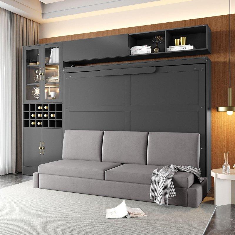 Gri MDF Koltuklu Şaraplıklı LED Aydınlatmalı USB Portlu Yan Açılır Duvar Yatağı - 290x105x215 cm - 265172