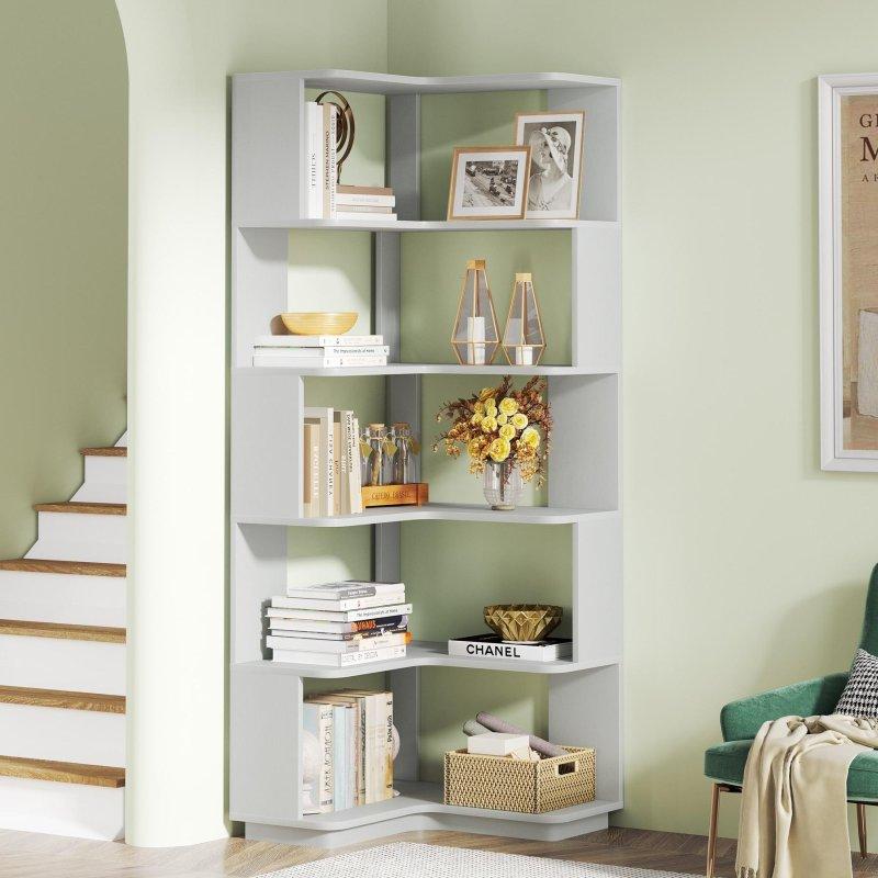 Gri MDF L Şekilli 6 Raflı Modern Köşe Kitaplık - 165 cm - 315434
