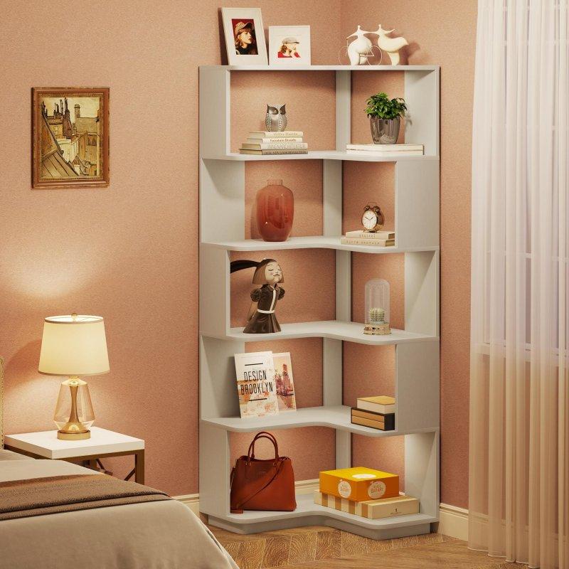 Gri MDF L Şekilli 6 Raflı Modern Köşe Kitaplık - 165 cm - 315434