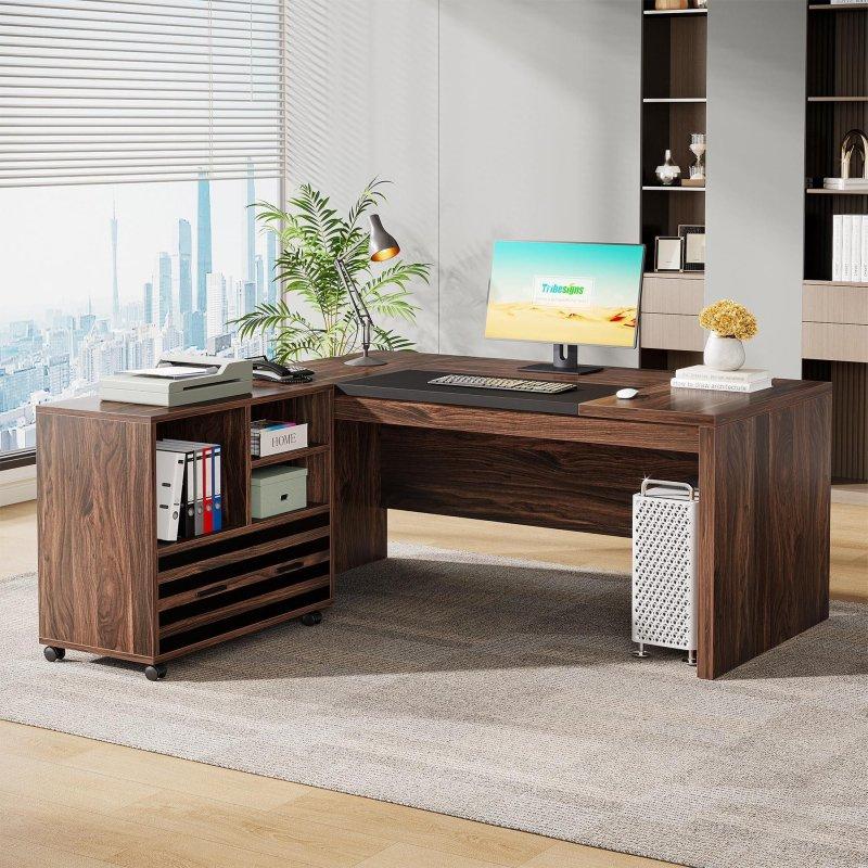 Gri MDF L Tipi Tekerlekli Dosya Dolaplı Ofis Masası - 158 cm - 326935