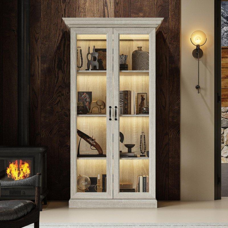 Gri MDF LED Aydınlatmalı Ayarlanabilir Raflı Cam Kapaklı Kitaplık - 83x177x47 cm - 239276