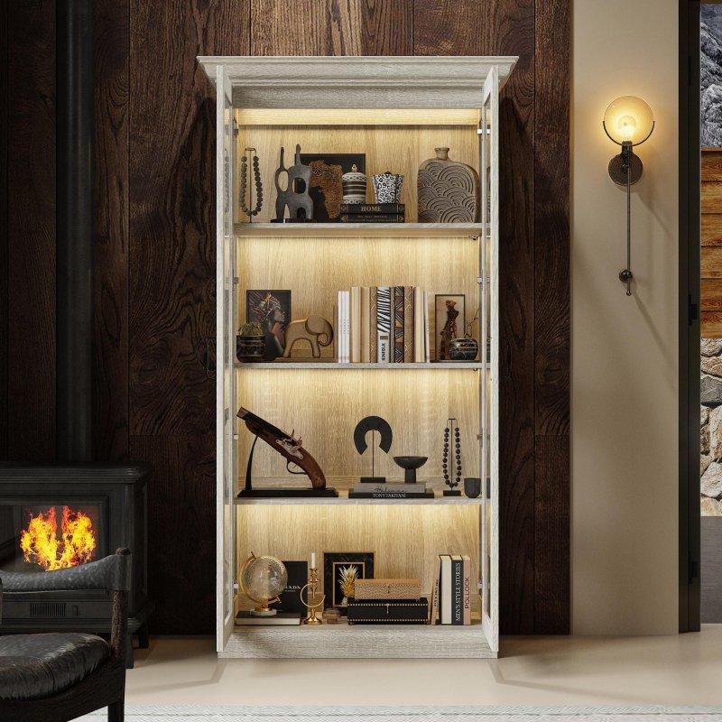 Gri MDF LED Aydınlatmalı Ayarlanabilir Raflı Cam Kapaklı Kitaplık - 83x177x47 cm - 239276