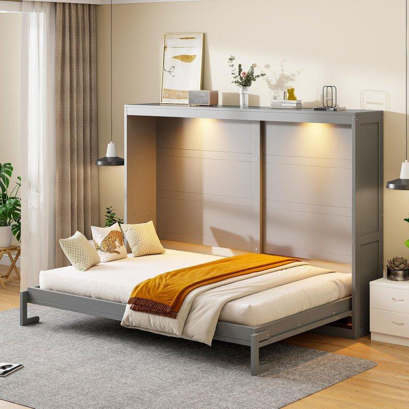 Gri MDF LED Aydınlatmalı Çift Kişilik Duvar Yatağı - 264228