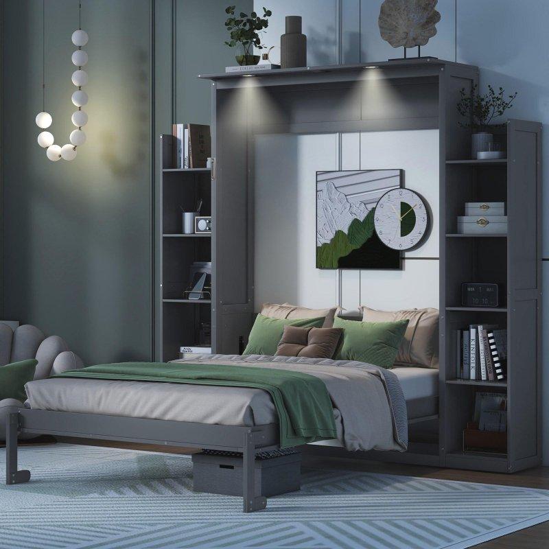 Gri MDF LED Aydınlatmalı Dolaplı Duvar Yatağı - 248x213 cm - 263235