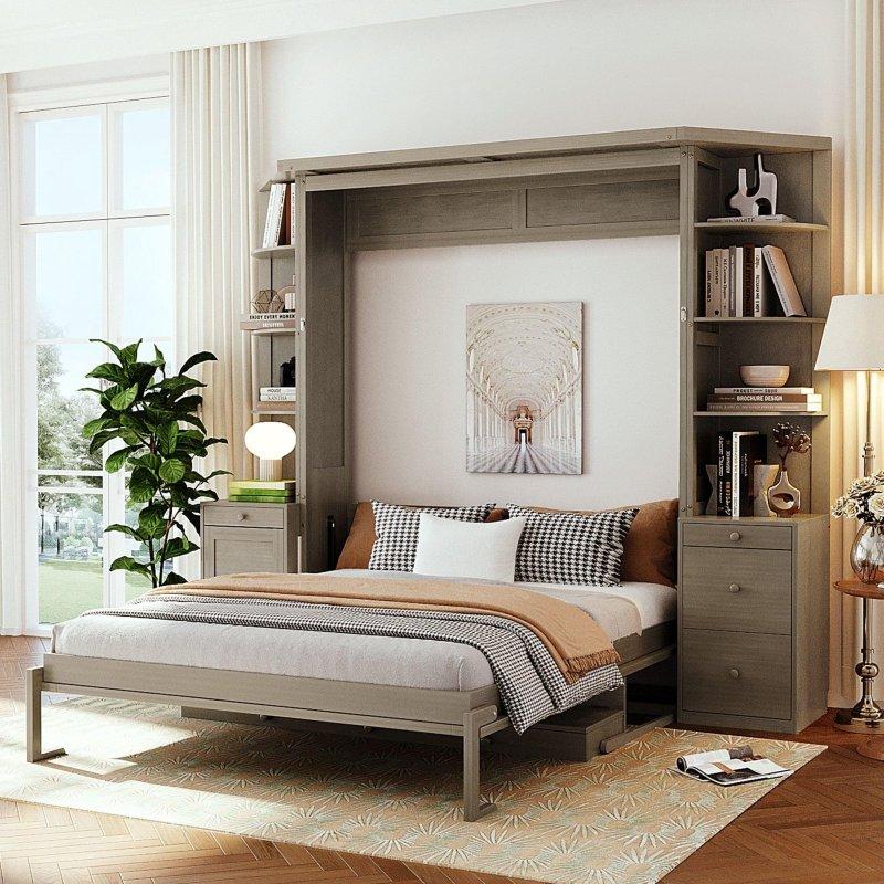 Gri MDF Masalı Dolaplı ve Raflı Duvar Yatağı - Çift Kişilik - 262794