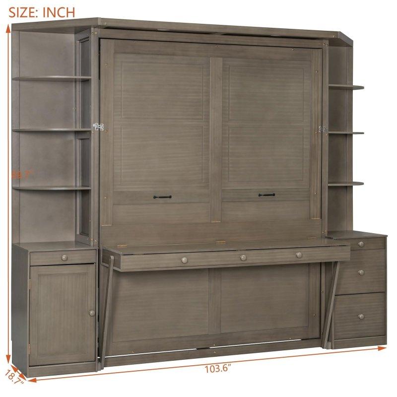 Gri MDF Masalı Dolaplı ve Raflı Duvar Yatağı - Çift Kişilik - 262794