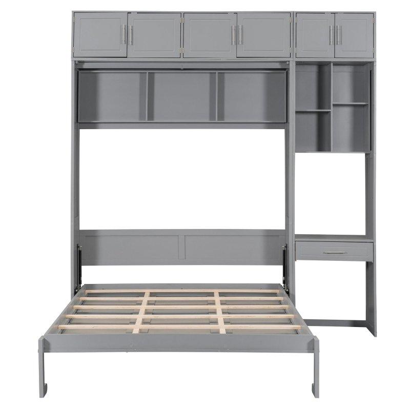 Gri MDF Masalı ve Raflı Katlanabilir Duvar Yatağı - Queen Boy - 264569