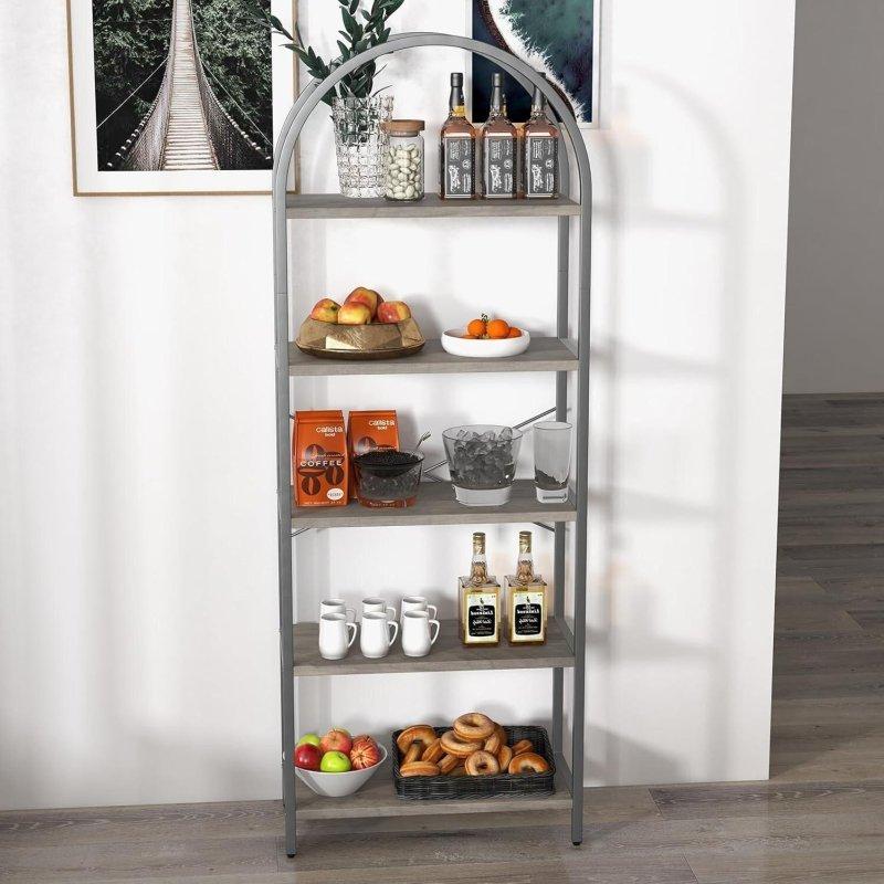 Gri MDF Metal 5 Raflı Kemerli Endüstriyel Kitaplık - 60x28x180 cm - 316278