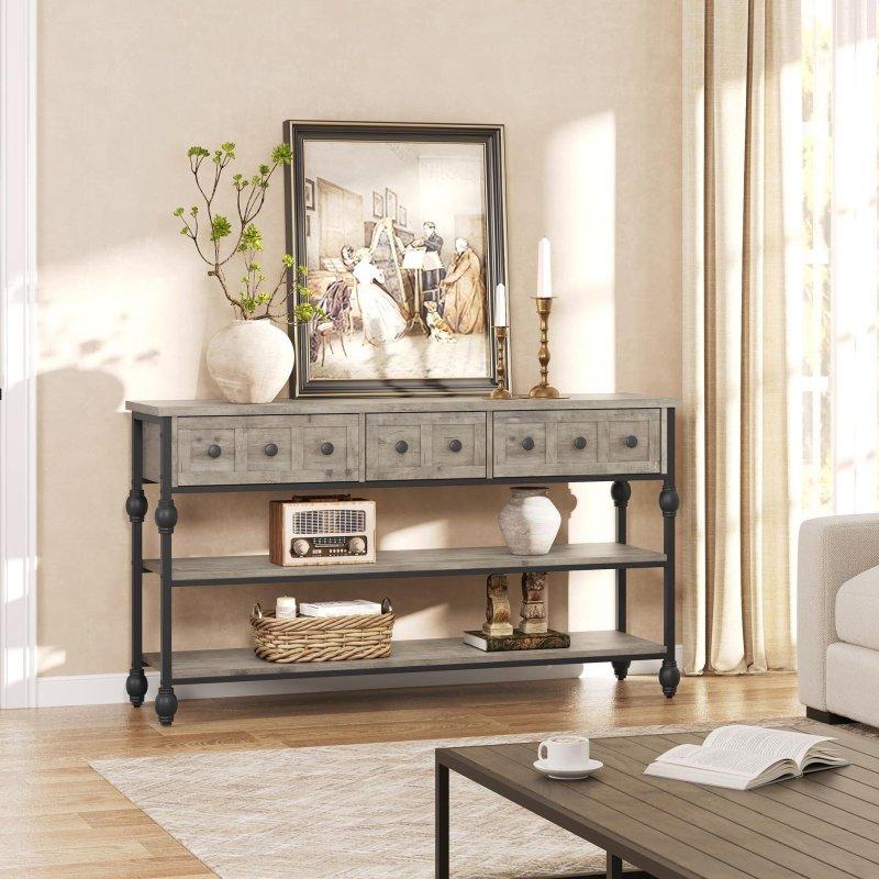 Gri MDF Metal Çerçeveli 3 Çekmeceli Açık Raflı Rustik Dresuar - 134x30x73 cm - 331033