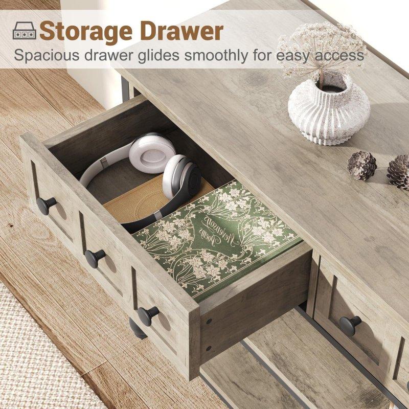 Gri MDF Metal Çerçeveli 3 Çekmeceli Açık Raflı Rustik Dresuar - 134x30x73 cm - 331033