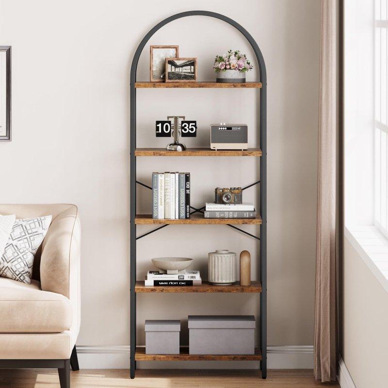 Gri MDF Metal İskeletli 5 Raflı Kemerli Kitaplık - 180x60x28 cm - 318421