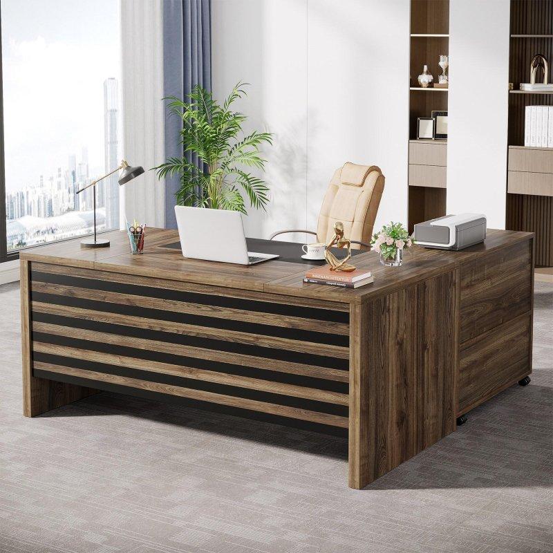 Gri MDF Metal L Tipi Tekerlekli Dosya Dolaplı Ofis Masası - 158 cm - 327239