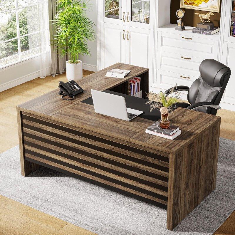 Gri MDF Metal L Tipi Tekerlekli Dosya Dolaplı Ofis Masası - 158 cm - 327239