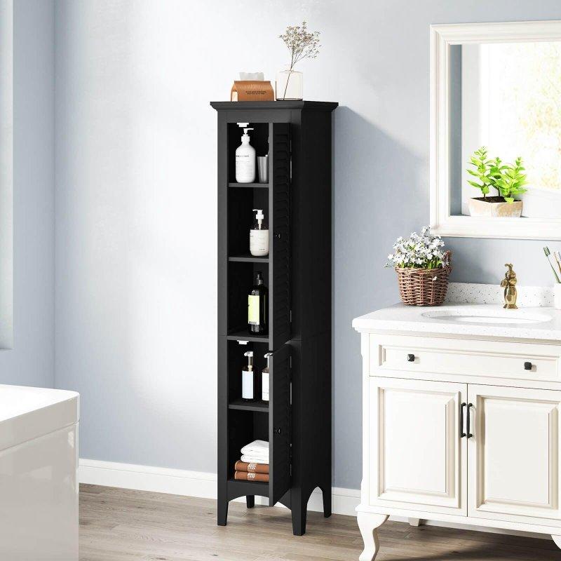 Gri MDF Panjurlu Kapaklı Ayarlanabilir Raflı Çok Amaçlı Banyo Dolabı - 39x34x161 cm - 333476